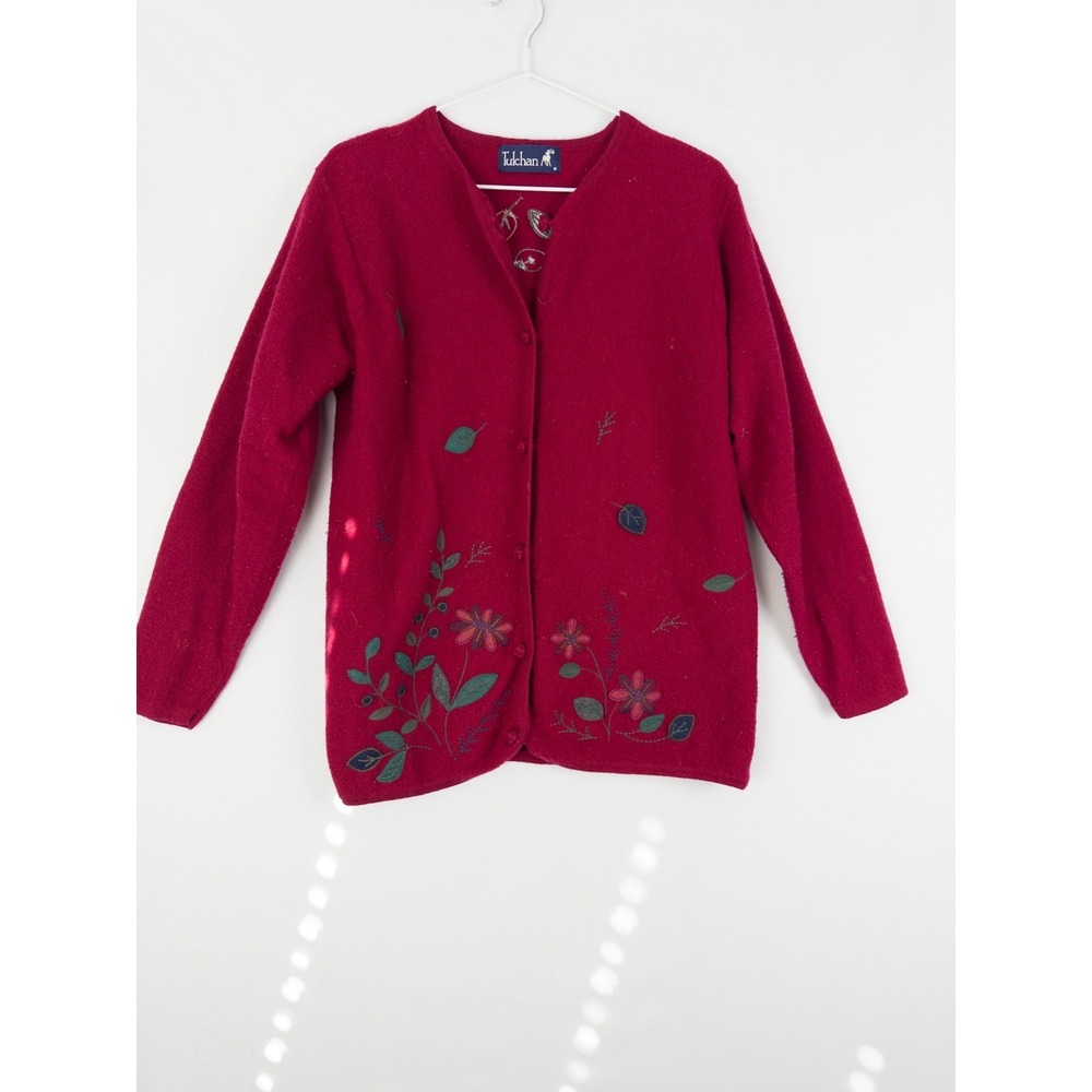 Tulchan Sweater Womens M Red‎ Cardigan 100% Wool Knit Grandma Leaves Embroidered